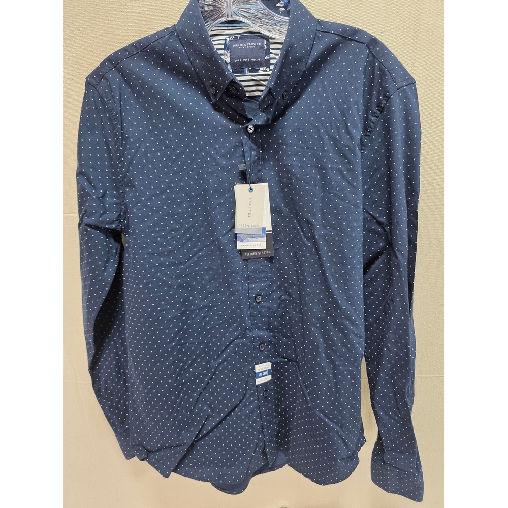 Denim & Flower Ricky Singh Mens Small Navy Blue Polka Dot Stretch Button Down